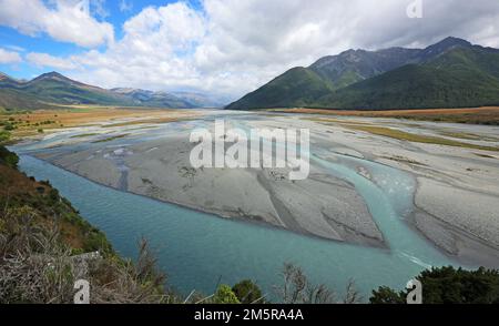 Breites Waimakariri-Tal, Neuseeland Stockfoto