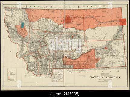 Montana Territory. Erleichterung durch Hachures. Zeigt indische Reservierungen mit festgelegten Daten an. Beste Meridiane: Washington und Greenwich , Montana Stockfoto