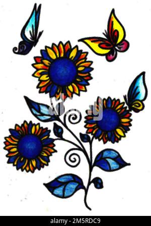 Muster von blauen und gelben Sonnenblumenblumen und bunten Schmetterlingen, Illustration, Hintergrund Stockfoto