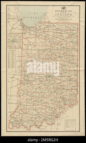 Postroute-Karte des Bundesstaates Indiana mit Postfilialen mit den mittleren Entfernungen auf Poststrecken, die am 1. Dezember 1897 in Betrieb waren. Zeigt auch Eisenbahnen und Bezirke. Inset: Die Umgebung von Indianapolis. Enthält eine Liste der Bezirke, die die relative Position... anzeigen Indiana Stockfoto