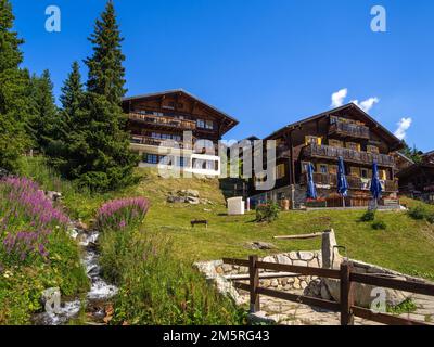 Bettmeralp, Schweiz - 16. Juli 2022: Der idyllische Ferienort Bettmeralp liegt in den Berner Alpen am Nordhang oberhalb des Rhonetals Stockfoto