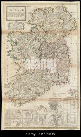Eine neue Karte Irlands, unterteilt in Provinzen, Bezirke und Baronien, wobei Bishopricks, Borughs, Baracken, Moore, Pässe, Brücken &c.. Mit den Hauptstraßen und den bekannten Meilen. Freischnitt abgebildet. Hingabe: An seine Grace Charles Duke of Shrewsbury, Ld High Treasurer of Great Britain, Ld Chamberlain of Hour Majesty's Houshold, Ld Generalleutnant und Generalgouverneur von Irland, Ritter von Ey, edelster Orden von The Garter & c. Diese Karte ist bescheiden gewidmet vom bescheidensten Diener Eures Grafen H. Moll Geographer, 1714. Einsätze: [Nordwesteuropa] Stockfoto