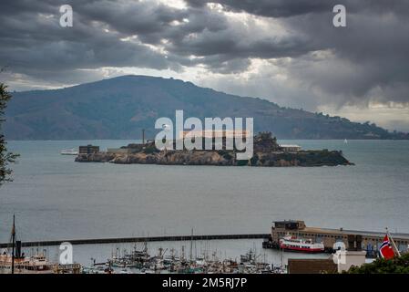 Luftaufnahme auf Alcatraz Island in der San Francisco Bay Stockfoto
