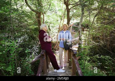 Zwei Seniorinnen, die Urlaub im Freien verbringen und im Wald spazieren gehen Stockfoto