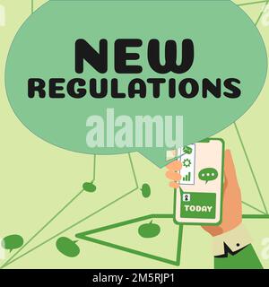 Schild mit den neuen Vorschriften. Konzeptionelle Fotoregulierung, die die normalerweise von Regeln verwendete Aktivität steuert. Stockfoto