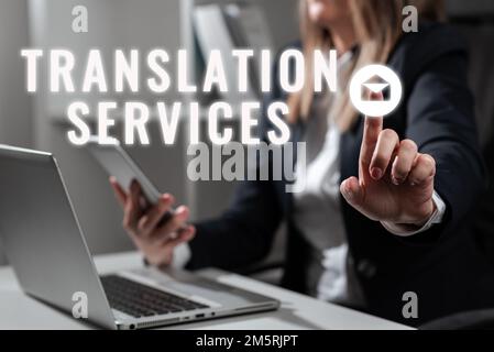Texttitel, der Übersetzungsservices präsentiert. Business-Showcase-Organisation, die Menschen die Möglichkeit gibt, Sprache zu übersetzen Stockfoto