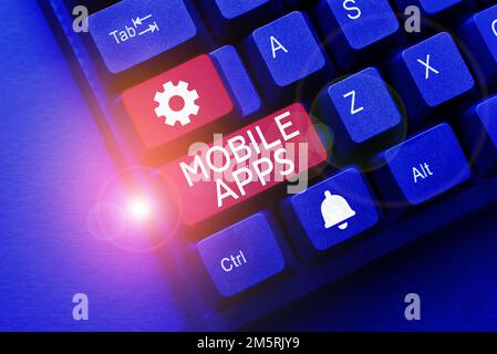 Textunterschrift für mobile Apps. Business Showcase kleine Programme funktionieren auf Telefonen Stockfoto