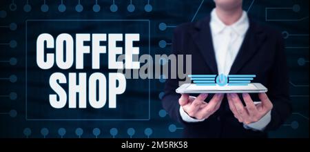 Schriftzug mit Text Coffee Shop. Ein Wort für ein kleines Restaurant mit ungezwungener Atmosphäre, das Kaffee und leichte Erfrischungen serviert Stockfoto