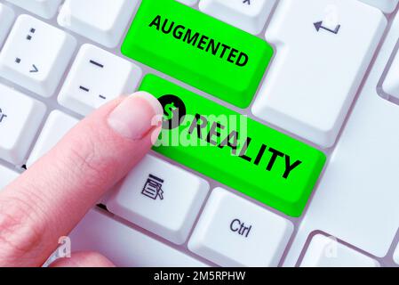 Schild mit Augmented Reality. Technologie für den Geschäftsansatz, die Computerbilder in der realen Welt aufzwingt Stockfoto