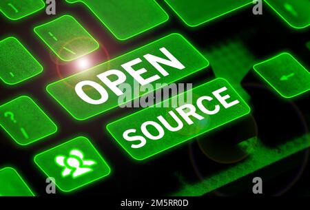 Schreiben Text anzeigen Open Source. Geschäftsidee, die Software angibt, deren ursprünglicher Quellcode frei verfügbar ist Stockfoto