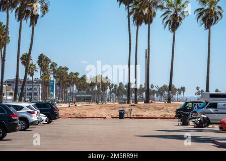 Autos parken auf der Straße und Palmen wachsen im Sommer am Sandstrand Stockfoto