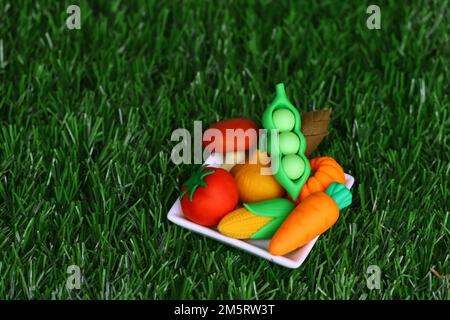 Lebensmodell mit farbenfrohem Gemüse auf einem Teller Stockfoto