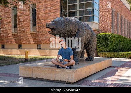 Ein weißer Mann liest ein Buch, während er an der Bronze Bruin Statue auf dem UCLA Campus sitzt Stockfoto