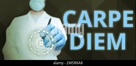 Text wird angezeigt Carpe Diem. Das Wort für ein öffentliches Fest, bei dem die Leute Musik und Tanz spielen Stockfoto