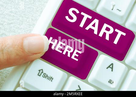 Textbeschriftung Präsentation beginnt hier. Konzeptfoto, das jemandem sagt, dass dies der Ausgangspunkt für den Weg vom Ziel ist Stockfoto