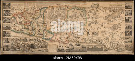 Eine neue Karte des Landes der Verheißung und der heiligen Stadt Jerusalem, die die wichtigsten Ereignisse im Alten und Neuen Testament beschreibt. Ausrichtung nach Norden links. Freischnitt abgebildet. Inset: Eine Perspektive Jerusalems. Eingravierte Karte von Palästina, mit umfangreichen Vignettenszenen aus dem Alten und Neuen Testament, begleitet von skripturalen Passagen, 14 Szenen in Seitenwänden, die die Karte flankieren, und einen Blick auf den Tempel von Salomon... , Israel , Jerusalem , Territorium , Jerusalem Staat Palästina Stockfoto