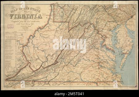 Karte des Staates Virginia. Lith. Von Chas. G. Krebs. Allgemeine Karte von Virginia, West Virginia, Maryland, Delaware und Süd-Pennsylvania mit Städten, Straßen, Flüssen und Relief durch Hachures. Die Karte ist rot aufgedruckt, um Eisenbahnlinien, den Staatsnamen „West Virginia“ und konzentrische Kreise in Washington, D.C. anzuzeigen Unter dem Kartentitel wird eine Tabelle mit „Entfernungen nach Eisenbahnen“ angezeigt. Beschreibung abgeleitet aus veröffentlichter Bibliographie.... Virginia West Virginia Maryland Delaware Stockfoto