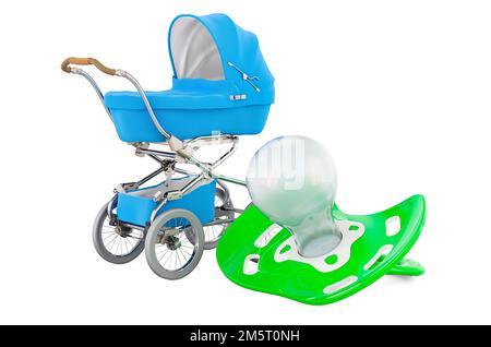 Baby-Dummy mit Kinderwagen, 3D-Darstellung isoliert auf weißem Hintergrund Stockfoto