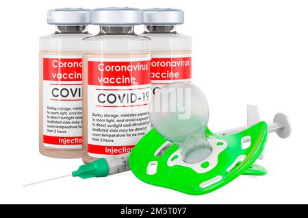 Impfstoff mit Baby-Dummy. Babyimpfung, Konzept. 3D-Rendering auf weißem Hintergrund isoliert Stockfoto