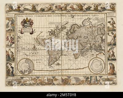 Nova totius terrarum orbis geographica ac hydrographica tabula. Auf den rechten Pfarrer Vater in Gott John von der göttlichen Erlaubnis Ld Bischof von Oxon. Diese Karte ist bescheiden engagiert. „III“ in der oberen linken Ecke. Der obere Rand zeigt die sieben Planeten und der untere Broder die sieben Weltwunder und die vier Elemente und Jahreszeiten an den Seiten. Wird im englischen Atlas angezeigt. Regionen und Jahreszeiten: In der griechischen Mythologie herrschten die Horae – eine Gruppe von drei regenspendenden Göttinnen – über die natürliche Ordnung und die Jahreszeiten, und durch ihr Geschenk des himmlischen Wassers brachten sie den landwirtschaftlichen Reichtum in die Welt Stockfoto