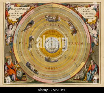 Planisphaerium Ptolemaicum siue machina orbium mundi ex hypothesi Ptolemaica in plano disposita. Erscheint in Cellarius' Harmonia macrocosmica, seu, Atlas... Amsterdam. 1661. Während die meisten Karten in dieser Ausstellung nur die Erde darstellen -- die die Wahrnehmung der Menschheit von seiner unmittelbaren und wahrgenommenen Umgebung widerspiegelt -- sprechen nur sehr wenige die Position des Planeten im größeren Universum an. Geografen, Astronomen und Kartenmacher während der Renaissance und des Barocks waren jedoch sehr daran interessiert, die himmlischen Körper zu beobachten und zu kartieren und ihre Beziehung zur Erde zu theoretisieren. Im m Stockfoto