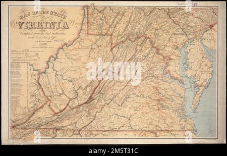 Karte des Staates Virginia. Allgemeine Karte von Virginia, West Virginia, Maryland, Delaware und Süd-Pennsylvania mit Städten, Straßen, Flüssen und Relief durch Hachures. Die Karte ist rot aufgedruckt, um Eisenbahnlinien, den Staatsnamen „West Virginia“ und konzentrische Kreise auf Richmond anzuzeigen. Die Kreise sind im Abstand von 10 Meilen. Unter dem Kartentitel wird eine Tabelle mit „Distanzen nach Eisenbahnstraßen“ angezeigt. Beschreibung abgeleitet aus veröffentlichter Bibliographie.... Virginia Eastern Shore, Gegend Stockfoto