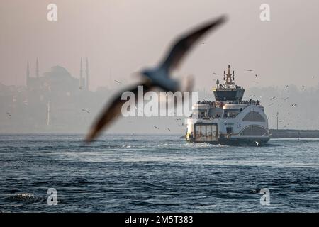 Istanbul, Türkei. 30. Dezember 2022. Möwen fliegen um die Fähre der City Lines und die Hagia Sophia Moschee im Hintergrund. Während das Wetter in Istanbul ungewöhnlich heiß war, haben sich die Leute am Kadikoy Pier amüsiert. (Foto: Onur Dogman/SOPA Images/Sipa USA) Guthaben: SIPA USA/Alamy Live News Stockfoto