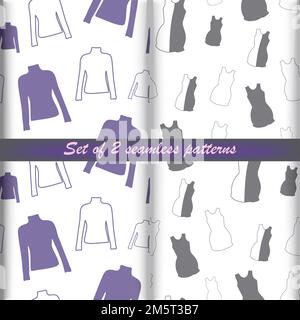 Set mit 2 nahtlosen Mustern von Outline-Bekleidung, langen Ärmeln und Kleid in trendigen, blassen Farbtönen. Sich Wiederholende Textur. Drucken. Layout für Geschenkpapier, Poster, Postkarten, Gruß- oder Preisetiketten, Banner Stock Vektor