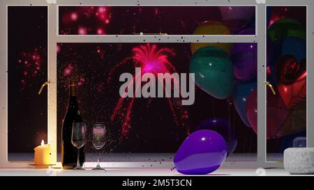 Silvesterfeier mit Champagnerflasche und Gläsern. Feuerwerk vor dem Fenster. Stockfoto