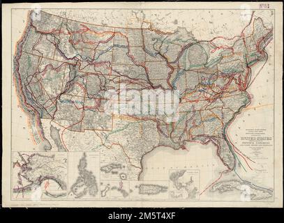 Die USA zeigen Routen der wichtigsten Entdecker sowie frühe Straßen und Highways. Erleichterung durch Hachures. Insekten: Alaska -- Philippinen -- Tutuila-Gruppe der Samoanischen Inseln -- Manua -- Guam oder Cuajan-Insel -- Hawaiianische Inseln -- Porto Rico -- Panamakanal -- Isthmus von Panama, der die Lage des Kanals zeigt. Amerika im Wandel: Frank Bond, ein Landvermesser, Zeichner und schließlich Chefsekretär, hat diese thematische, historische Karte erstellt, die für andere GLO-Publikationen untypisch war. Er hat die wichtigsten spanischen, holländischen, französischen, britischen und amerikanischen Routen im Laufe von vier Jahrhunderten zusammengestellt Stockfoto