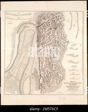 Karte der Belagerung von Vicksburg, Miss. Unterschrift (Faksim.): K. B. Comstock, Hauptmann von Engrs. Vicksburg, Fräulein. Kopf-Qrs. Des Departements Tennessee Aug. 20. 1863. Detaillierte Karte mit Einhausungen, Straßen, Straßen, Eisenbahnen, Hachures, Vegetation, Häuser und Entwässerung. Enthält fünf topographische Profile, sechs Querschnitte von Artilleriebatterien und einen Querschnitt einer 'Rebellengewehrgrube'. Kopf-Qrs. Vom Department of the Tenn., Vicksburg, Miss, 20. August 1863. Beschreibung abgeleitet aus veröffentlichter Bibliographie.... Mississippi, Warren, County, Vicksburg Stockfoto