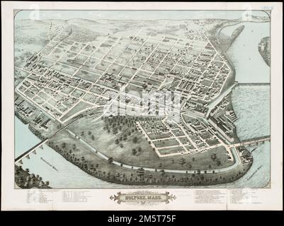 Holyoke aus der Vogelperspektive, Mass : 1877. Enthält Index zu Points of Interest. Die Industriestadt Holyoke befindet sich an einer Biegung des Connecticut River neben den Hadley Falls und ist vom Südosten aus gesehen. Die vorherrschenden Merkmale der Zusammensetzung von Baileys sind der Fluss, die Wasserfälle und eine Reihe von Kanälen, die gebaut wurden, um Wasserkraft für potenzielle Industrien bereitzustellen. Obwohl das Gebiet Anfang des 18. Jahrhunderts besiedelt wurde, wurde die industrielle Entwicklung in Holyoke erst in den späten 1840er Jahren von Bedeutung. Damals baute eine Gruppe Bostoner Industriellen einen Damm und Stockfoto