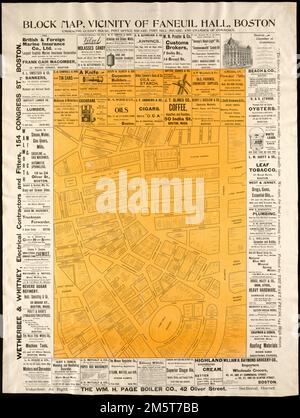 Blockkarte, in der Nähe von Faneuil Hall, Boston : Emboring Custom House, Post Office Square, Fort Hill Square, und Chamber of Commerce. Es gibt detaillierte Informationen über die Lage der Unternehmen und Grundbesitzer in der Gegend Massachusetts, Suffolk, County, Boston Stockfoto