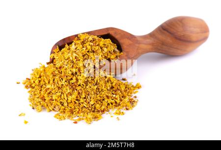 Osmanthus-Tee im Holzlöffel, isoliert auf weißem Hintergrund. Trockene Blüten von Osmanthus-Duftstoffen Stockfoto