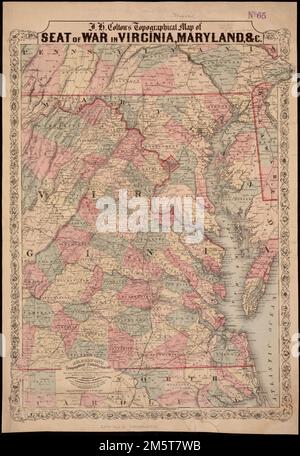 J.H. Coltons topographische Karte des Kriegssitzes in Virginia, Maryland, &c.. Erleichterung durch Hachures. Erster Meridian: Washington. 'Eingetragen gemäß dem Kongressgesetz im Jahr 1855 von J.H. Colton & Co. Im Büro des Bezirksgerichts der Vereinigten Staaten im südlichen Bezirk New York." Kriegssitz in Virginia, Maryland, &c. Kriegssitz in Virginia, Maryland, &C., Virginia, North Carolina, Maryland Delaware Stockfoto