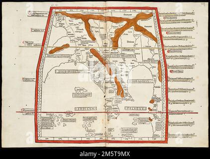 Undecima Asie tabula Continet India ext. Gange Und Sinas. Titel von Verso. Landkarte östlich des Ganges. Die Karte zeigt die Region Südostasien mit dem Ganges River im Westen, den „Sinae“ (China) im Osten und Südostasien, dem Indischen Ozean und dem Chinesischen Meer. Relief durch braune Färbung. Eingraviert auf Holz mit Ortsnamen in beweglicher Form. Enthält Namen von Orten und natürliche Merkmale. Am Rand: Anmerkungen zum Breitengrad. Beschreibender Text innerhalb von Zierrändern auf Verso. Wird in der Geografie des Autors angezeigt. Ulm : Lienhart Hol, 16. Juli 1482. Lateinischer Text. Katalogisierung, Konservierung und d Stockfoto