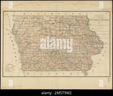 Bundesstaat Iowa. Erleichterung durch Hachures. Zeigt Drainage, Bezirksgrenzen, Eisenbahnen, Militär- und Indianerreservate, Townships usw. Greenwich und Washington. J.S. Williamson, Commissioner. Iowa Stockfoto