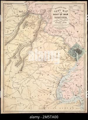 Bacon's neue Armeekarte des Kriegssitzes in Virginia, die die Schlachtfelder, Befestigungsanlagen usw. am und in der Nähe des Potomac River zeigt. Karte von Nordost Virginia, Washington, D.C. und Teil von Maryland, die den Ort und das Datum der Einsätze, Schlachten, in denen Kanonen eingesetzt wurden, Ländernamen und Grenzen, Straßen, Eisenbahnen, Städte, Entwässerung, Hachures und ein paar Songs im Potomac River. Die Standpunkte der Streitkräfte der Union und der Konföderierten Staaten sind durch Flaggen gekennzeichnet. Beschreibung abgeleitet aus veröffentlichter Bibliographie.... Virginia Stockfoto