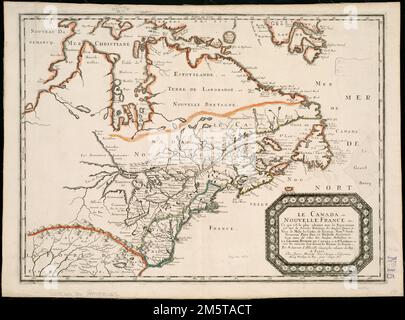 Le Canada, ou Nouvelle France, &c : ce qui est le plus Advance vers le Septentrion est tiré de Diverses Relations des Anglois, Danois, &c. Vers le midy les costes de Virginie, Nouvlle. Wildleder, Nouveau Pays Bas, et Nouvelle Angleterre sont tirées de Celles des Anglois, Hollandois, &c. la grande riviere de Canada ou de St Laurens, et toue les environs sont suivant les Relations des Francois. Freischnitt abgebildet. "Avec Privilege du Roy, pur vingt ans." , Nordamerika , Gebiet Kanada Great Lakes Region , Gegend Stockfoto
