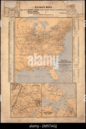 Karte der Atlantikstaaten mit Entfernungen von Washington (in Bienenlinie) in 50-Meilen-Kreisen. Linderung durch Hachures dargestellt (Zusatzkarten). Einschließlich Populationstabellen Virginia, Manassas, Independent City Virginia, Festung Monroe, Verteidigungsanlage Virginia, Hampton Roads, Harbor Virginia, Bull Run Stockfoto