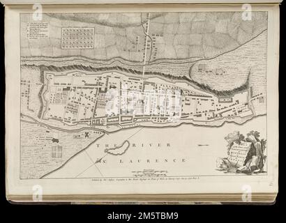 Stadtplan und Festungen von Montreal oder Ville Marie in Kanada. Zeigt Gebäude und Befestigungsanlagen. Norden oben rechts ausgerichtet. Einsatz: Monsr. Linière's Gardens. Enthält Referenzen. Erscheint in Jefferys' allgemeiner Topographie von Nordamerika und den Westindischen Inseln. London: Gedruckt für Robert Sayer, ... Und Thomas Jefferys, 1768 , Kanada , Quebec , Provinz , Montreal Stockfoto