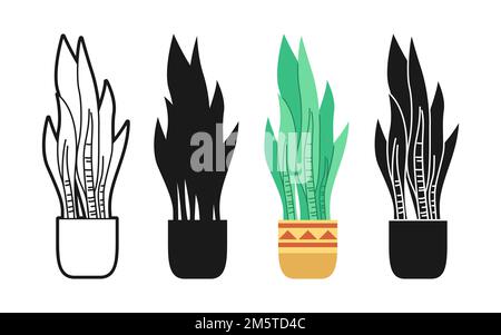 Zimmerpflanze im Topf, dekoratives gemütliches Cartoon-Set. Exotische Zimmerpflanzen Blumentopf für den Innenbereich. Botanische Keramik-Topfpflanzen Doodle, Line Icon oder Silhouette-Kollektion. Isolierter flacher Vektor Stock Vektor