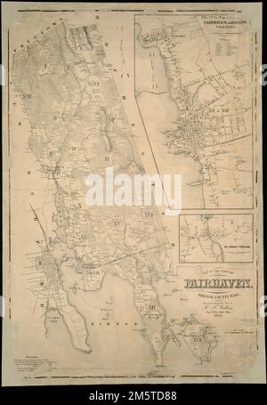 Karte der Stadt Fairhaven, Bristol County, Mass : auf Anordnung der Stadt. Erleichterung durch Hachures. Zeigt Gebäude mit Namen von Immobilieneigentümern und Stadtbezirken an. Umfasst die Städte Fairhaven und Acushnet. "Gemäß Kongressgesetz in das Büro des Bezirksgerichts Massachusetts eingetragen 1855." Insekten: Die Dörfer Fairhaven und Oxford. Maßstab [1:5.940] -- Acushnet Village. Maßstab [1:5.940] , Massachusetts , Bristol , County , Fairhaven Massachusetts , Bristol , County , Acushnet Stockfoto