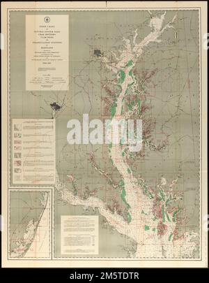 Indexkarte mit natürlichen Austernriegeln, Krabbenböden, Muschelriegeln und Triangulationsstationen in Maryland, die von der Maryland Shell Fish Commission in Zusammenarbeit mit dem United States Bureau of Fisheries und dem United States Coast and Geodetic Survey, 1906-1912, untersucht wurde. Dieses „Indexdiagramm“ dient sowohl als grafische Zusammenfassung der Ergebnisse der sechsjährigen Arbeit der Maryland Oyster Survey als auch als grafischer Index zu den 17 separaten Broschüren und 43 Austernkarten, die als Ergebnis dieser Arbeit veröffentlicht wurden. Zeigt Austernkulturböden, natürliche Austernriegel, Krabbenböden, Muschelbänke, Triangulationsstempel Stockfoto