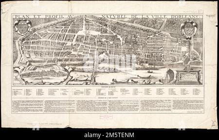 Plan et profile au naturel de la ville d'Orleans. Fax. Vogelperspektive. Enthält Index zu Points of Interest. Ursprüngliche Fassung: Olréans : Gilles Hotot [1648]. Frankreich und England hatten während der Renaissance eine zersplitterte Beziehung, als beide Seiten regelmäßig um die Kontrolle über französisches Land kämpften. Die Stadt Orléans, die in diesem Anblick ursprünglich aus dem Jahr 1648 dargestellt wurde, war 1429 Schauplatz einer berühmten Belagerung. Hier hat die junge Jeanne d'Arc (Joan La Pucelle) die französische Armee hinter sich gelassen und die Orléaner von den Engländern überholt. In seiner Schurkenbildung der französischen Charaktere Stockfoto