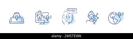 Mädchen-Podcast-Blogger-Icons. Pixelgenaue, bearbeitbare Liniendesigns Stock Vektor