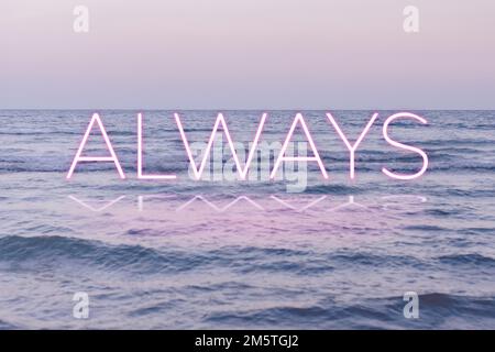 Immer pinkfarbene Neonwortvektortypografie Stock Vektor