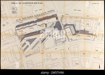 Park Plaza : anschaulicher Grundriss. Zeigt den Fußabdruck der verschiedenen Gebäude in der Innenstadt von Bostons Park Plaza Stadterneuerungsgebiet. Es zeigt auch einige Landschaftsgestaltung und Schatten , Massachusetts, Suffolk, County, Boston Park Square Stockfoto