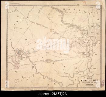 Karte des Kriegssitzes mit den Schlachten vom 18. Und 21. 1861. Juli. Noch ein Problem. Zusätzliche Details hinzugefügt, z. B. „Camp Sprague“, „USA Krankenhaus, Soldier's Home und andere Ortsnamen im nördlichen Teil von Washington, D.C. Beschreibung abgeleitet aus veröffentlichter Bibliographie.... Virginia, Manassas, Independent City Virginia, Prince William, County, Manassas National Battlefield Park, Nationalpark Stockfoto