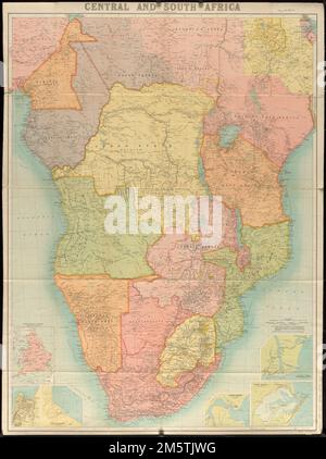 Zentral- und Südafrika. Datum vom Deckblatt. Relief durch Hachures und Punkthöhen dargestellt. Inselbeete: England & Wales im selben Maßstab wie die große Karte -- [Kapstadt] -- Port Elizabeth -- Lorenzo Marquez -- Port Natal -- Münder des Sambesi Flusses... Bartholomews neue Karte von Zentral- und Südafrika. Bartholomews neue Karte von Zentral- und Südafrika, Afrika Stockfoto